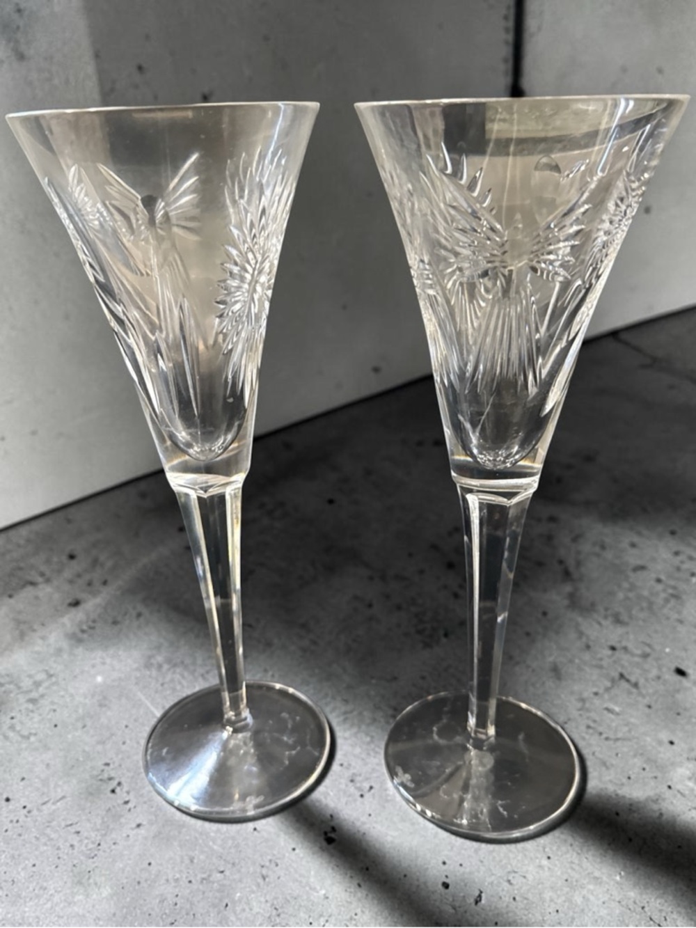 Pair of WATERFORD CRYSTAL Millennium 5-Universal Wishes Champagne Flutes